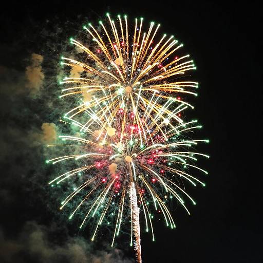 Vibrant photograph of a fireworks explosion against a dark night sky, featuring colorful bursts in yellow, green, and red with sparkling trails.