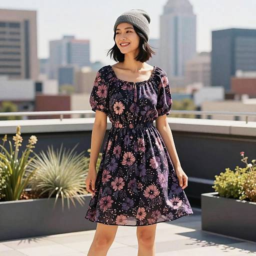 Smiling Asian Woman in Bohemian Dress