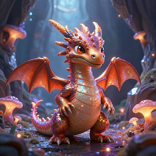 CGI image of a cute, sparkling red dragon with orange underbelly, standing in a mystical cave with glowing mushrooms.