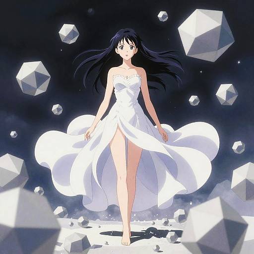 Anime-style digital illustration of a long-haired, blue-eyed girl in a flowing white dress, surrounded by floating crystal cubes in a dark, starry background