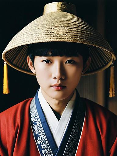 Young man in traditional Korean and Chinese attire with hat