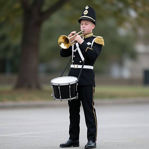 Photograph of a young boy in a black military-style uniform with gold epaulettes, playing a brass trumpet while standing beside a drum on a
