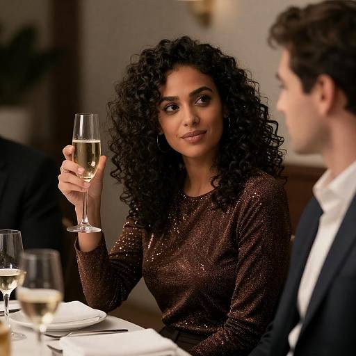 Photograph of a curly-haired woman with dark skin in a shimmering brown dress, holding a champagne glass, sitting at a restaurant table, facing a