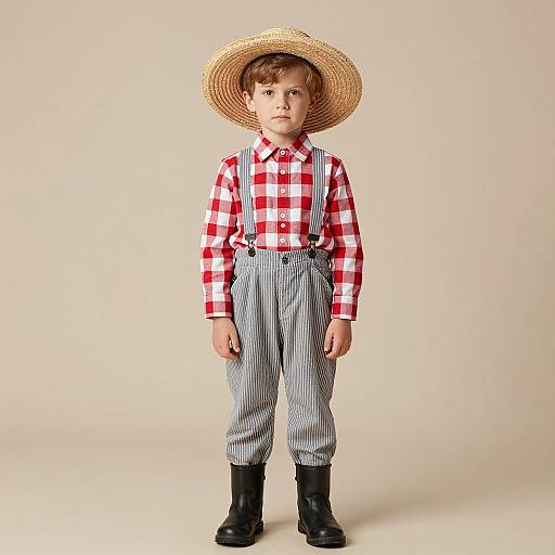 Boy in Tweedle Dee Dum Costume with Straw Hat
