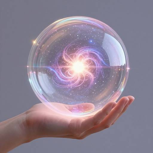 Photograph of a hand holding a glowing, transparent bubble with a swirling, radiant pink and white starburst inside, against a gray background.