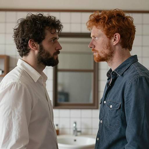 Two Men Facing Each Other in Tiled Room