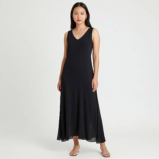 Photograph of an East Asian woman with long black hair, wearing a sleeveless black V-neck maxi dress and white sandals, standing against a plain white