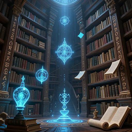 Mystical library scene: Glowing blue magical orbs hover above shelves of ancient books, illuminated by ethereal light, with open scrolls on the floor