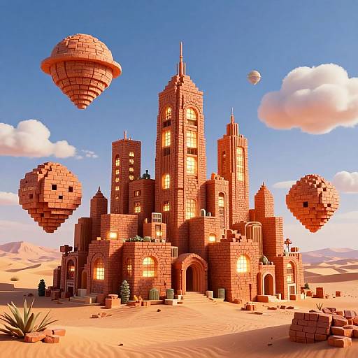 Digital art of a towering, brick-like castle with glowing windows, surrounded by three floating, pixelated airships in a desert landscape.