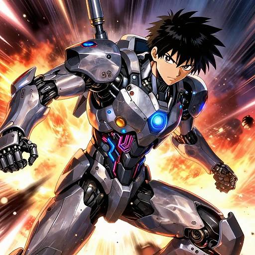 Anime-style digital artwork of a black-haired, blue-eyed boy in a shiny, black and blue robotic exosuit, standing powerfully against a fiery