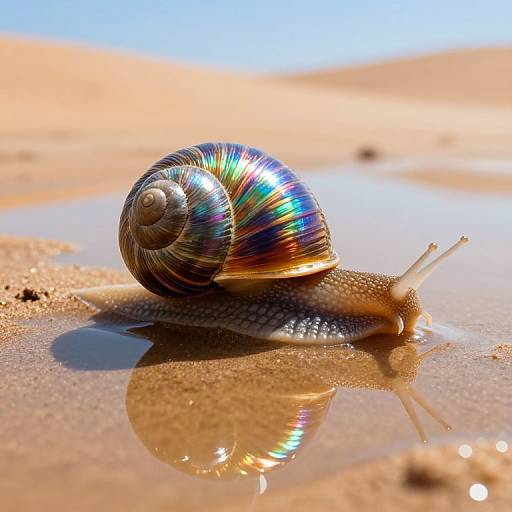 Photograph of a colorful, iridescent snail with a spiral shell, moving on wet sand, reflected in a shallow puddle, under bright