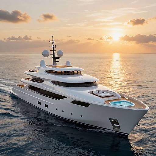Photograph of a sleek, white, multi-deck luxury yacht cruising on calm ocean waters during a stunning sunset with golden hues and scattered clouds.
