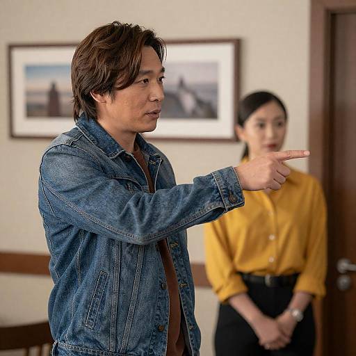 Man Pointing Right in Warm Room