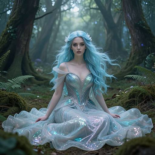 Digital artwork of a fair-skinned, blue-haired fairy with a shimmering, off-shoulder, iridescent dress, sitting in a mystical