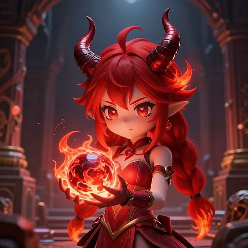 Digital art of a cute, red-haired demon girl with black horns, holding a fiery orb in a dark, ornate archway.