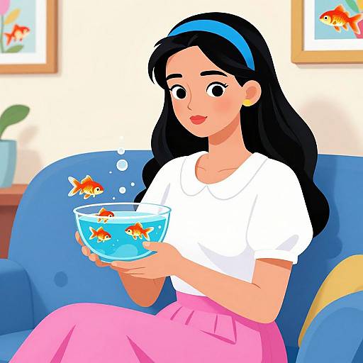 Digital illustration of a smiling woman with long black hair, blue headband, white shirt, pink skirt, holding fishbowl with goldfish, sitting