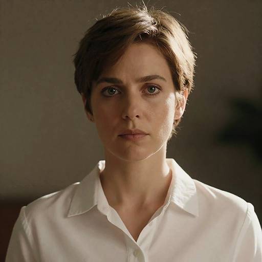 Serious Woman with Short Hair in White Shirt
