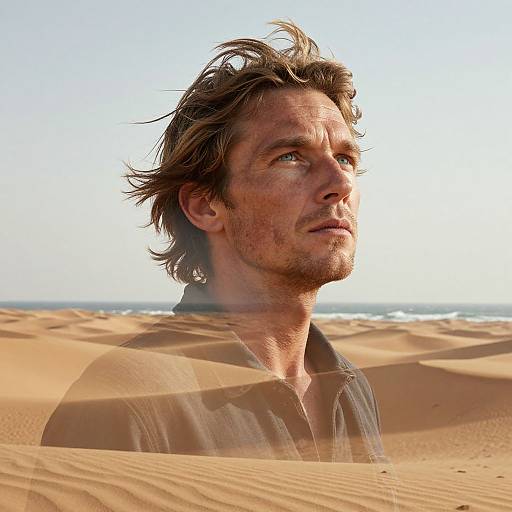 Photograph of a rugged, sandy-haired man with a slight beard, standing in a sunny desert with sand dunes in the background. His expression is