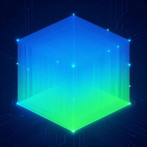 Digital illustration of a glowing, blue-to-green gradient 3D cube with vertical lines and bright points on a dark blue circuit-like background.
