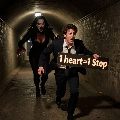 Photograph of a panicked man in a black suit running down a dark, brick tunnel, holding a 