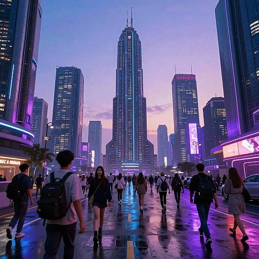 Photograph of a bustling city street at dusk, featuring neon lights, towering skyscrapers, and diverse pedestrians in casual attire, with a reflective wet