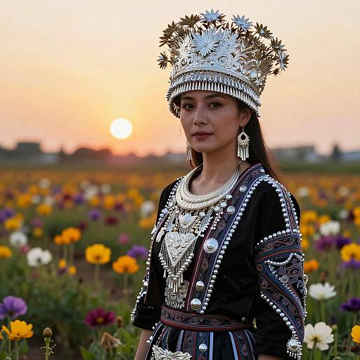 Photograph of an Asian woman in ornate silver headdress and black embroidered dress, standing in a sunset field of colorful flowers.