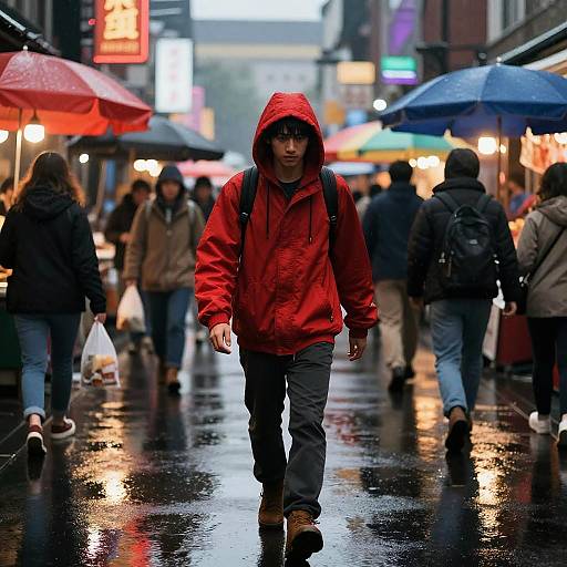 Photograph of a young man in a red raincoat walking in a rainy city street, surrounded by people with colorful umbrellas, neon lights, and
