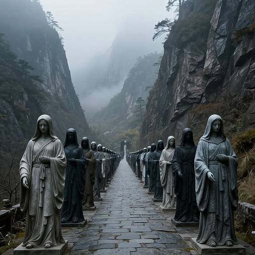 Photograph of a misty mountain pathway lined with statues of hooded figures in robes, standing in a symmetrical row. Foggy peaks and rocky
