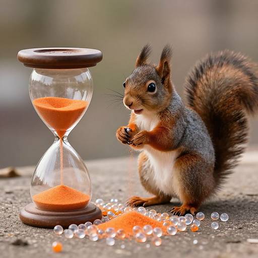 Photograph of a cute, brown-gray squirrel with a bushy tail, eating orange sand from an hourglass, surrounded by scattered sand and glass beads