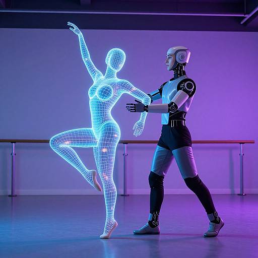 Photograph of a robotic dancer illuminated in blue, performing a ballet pose with a glowing, wireframe partner in a purple-lit studio.