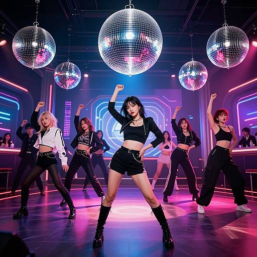 Photograph of a lively disco performance featuring six women in black outfits with midriff tops and shorts, dancing under large reflective ball lights in a neon