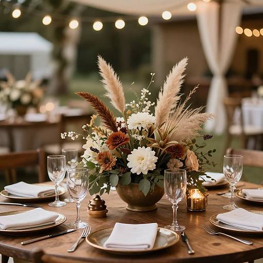 Photograph of a rustic outdoor dining table set with white napkins, crystal glasses, floral centerpiece, candles, and string lights.