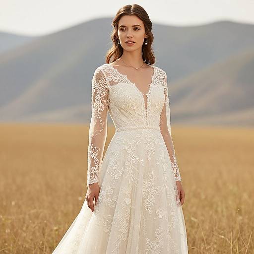 Photograph of a brunette woman in a white lace wedding dress with long sleeves, standing in a golden field with mountains in the background.