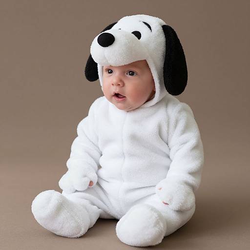 Photograph of a baby in a white, fluffy Snoopy costume with black ears, sitting against a plain brown background.