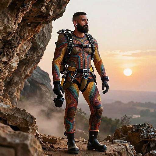Photograph of muscular bearded man in colorful, patterned bodysuit and harness standing in rocky cave at sunset, looking forward.