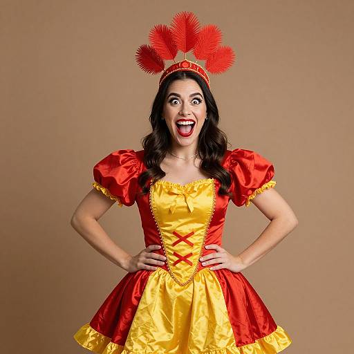 Photograph of a surprised woman with dark hair, wearing a red and yellow puffed-sleeve dress with corset lacing, red feather head