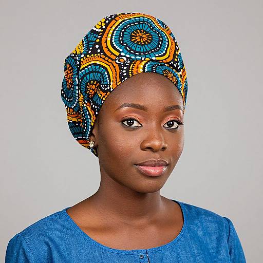 Photograph of a dark-skinned woman with a colorful, patterned headwrap and blue shirt, smiling against a plain white background.
