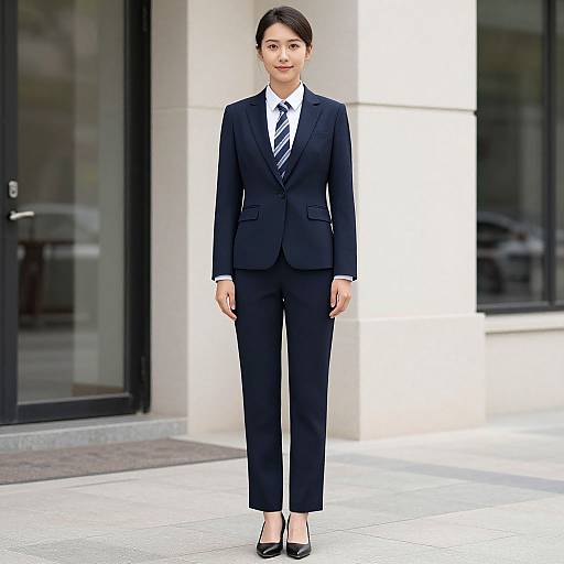 Photograph of an Asian woman in a black suit, white shirt, and striped tie, standing confidently in front of a modern building.
