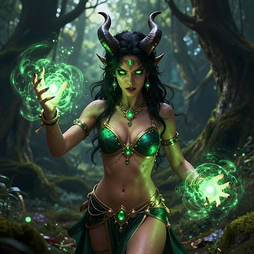Digital artwork of a dark-haired, horned demoness with glowing green eyes and breasts, wearing a green gemstone bikini, casting magic in a mystical