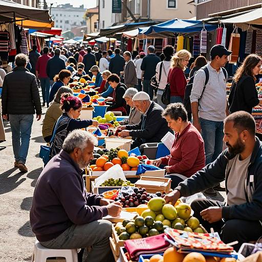 Vibrant outdoor market photograph showing diverse vendors and shoppers, colorful fruits and vegetables, bustling street, bright sunlight, urban setting.