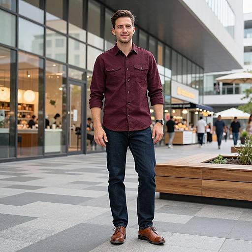 Photograph of a handsome, bearded man in a maroon button-up shirt, dark jeans, and brown leather shoes, standing in a modern urban