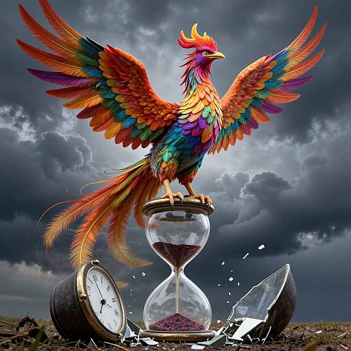 Vibrant phoenix with multicolored feathers stands on a shattered hourglass, clock parts scattered, against a stormy, dark sky. Digital art