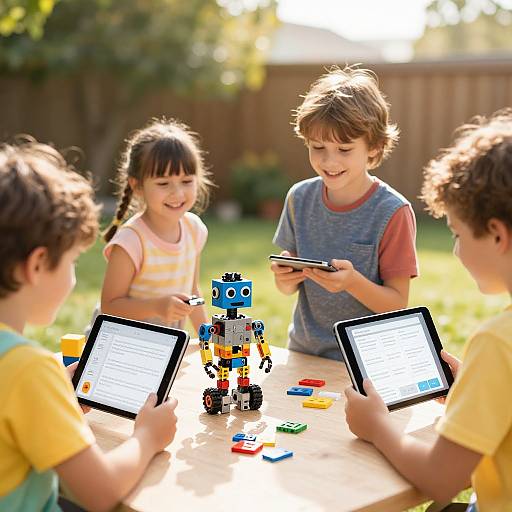 Children Building AI Robot Outdoors