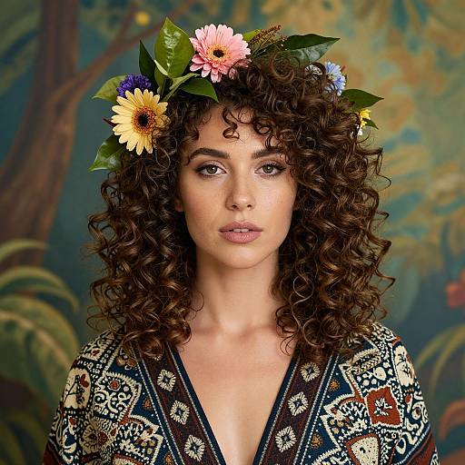 Photograph of a curly-haired woman with a floral head wreath, wearing an ornate, patterned top, set against a jungle-themed background.