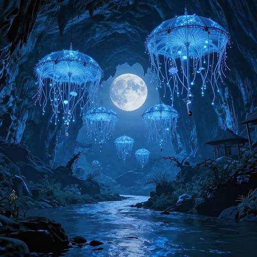 Digital art of a blue-lit cave with glowing jellyfish-like orbs hanging from the ceiling, illuminated by a full moon over a reflective stream.