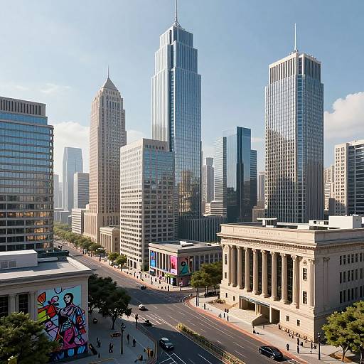 Photorealistic cityscape photograph of a modern downtown skyline with tall glass skyscrapers, a classical building, and street-level graffiti. Clear blue sky