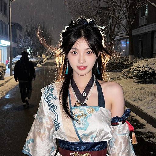 Photograph of an Asian woman in a traditional white and blue kimono with floral patterns, standing on a snowy urban street at night, with a blurred