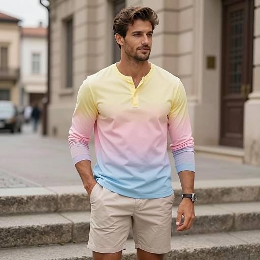 Man in pastel gradient henley shirt on city steps