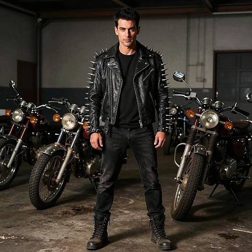 Man in Spiky Leather Jacket in Motorcycle Garage