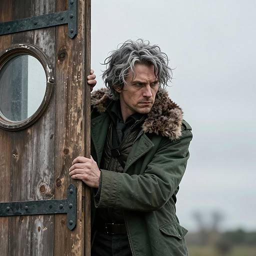 Intense Figure at Weathered Doorway